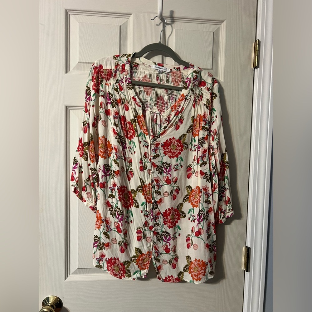 Rose & Olive Cream Floral Boho Top 2X